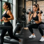 Femme sportive alternant une séance de musculation avec haltères et un exercice cardio dans une salle de sport moderne.