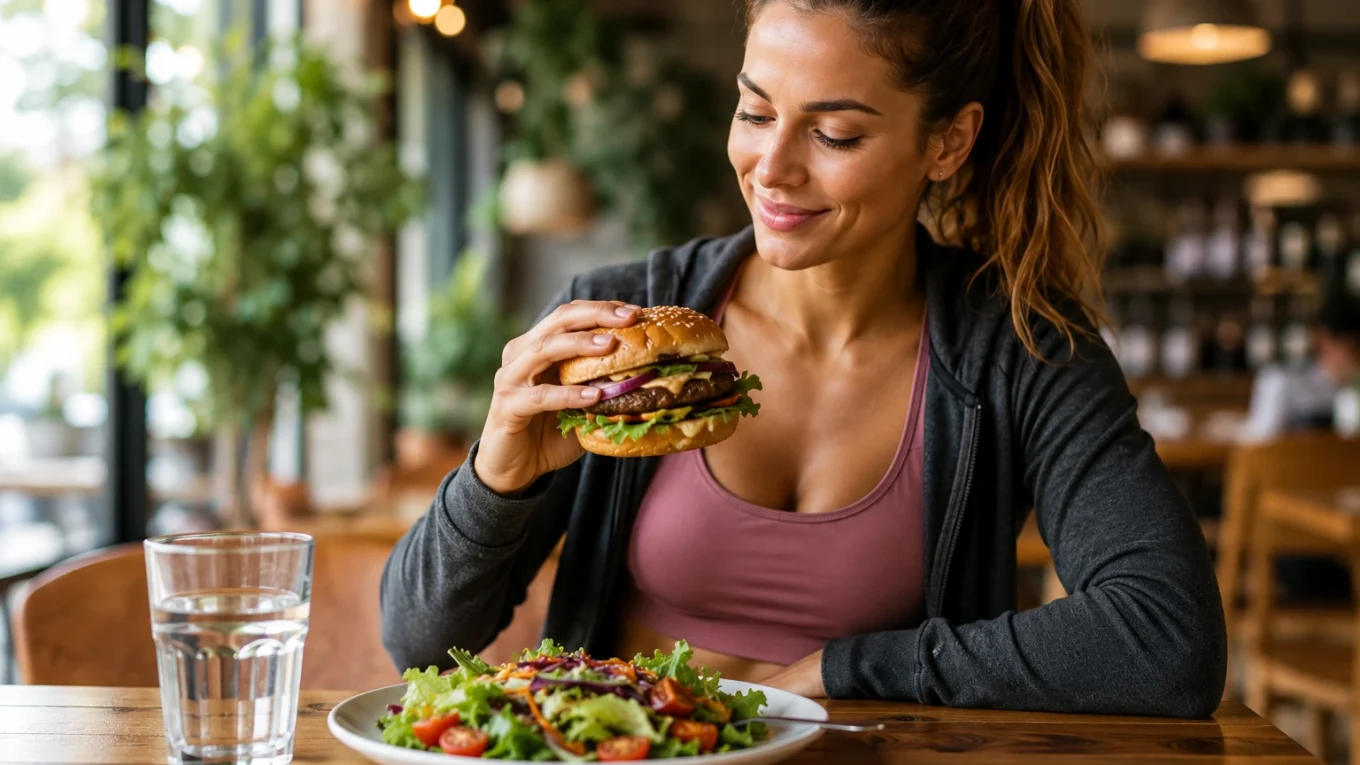 Femme sportive dégustant un burger accompagné d'une salade fraîche et d'un verre d'eau dans un restaurant moderne pendant une sèche.