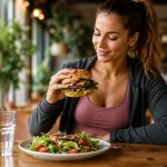 Femme sportive dégustant un burger accompagné d'une salade fraîche et d'un verre d'eau dans un restaurant moderne pendant une sèche.