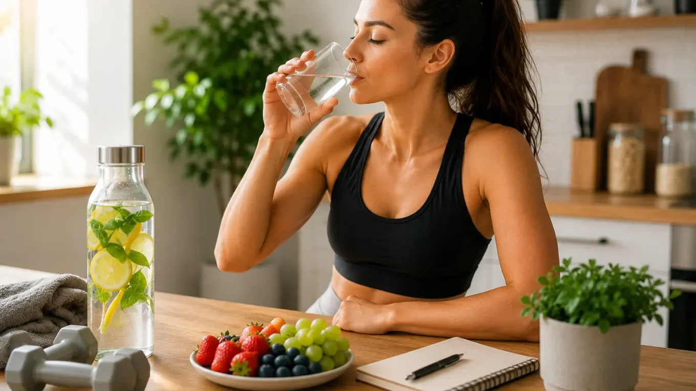 Femme sportive buvant un verre d'eau dans une cuisine moderne après une séance d'entraînement, avec une bouteille d'eau et des aliments frais sur le plan de travail.