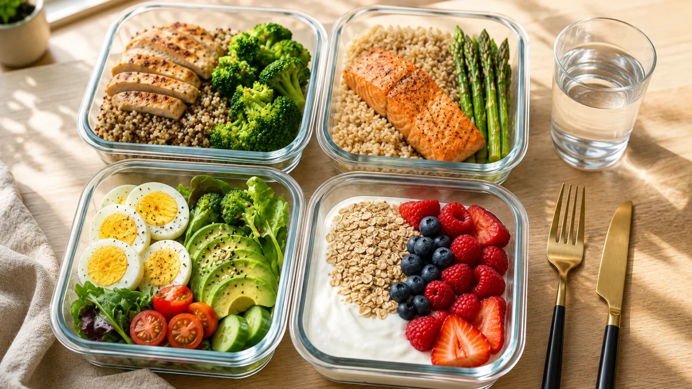 Plusieurs repas équilibrés préparés dans des contenants en verre avec du poulet, du saumon, du quinoa, des légumes frais, des œufs et des fruits sur une table en bois.