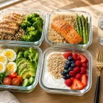 Plusieurs repas équilibrés préparés dans des contenants en verre avec du poulet, du saumon, du quinoa, des légumes frais, des œufs et des fruits sur une table en bois.