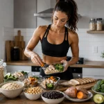 Femme sportive préparant un repas équilibré avec du riz complet, des flocons d'avoine, de la patate douce, du quinoa, du poulet et des légumes frais dans une cuisine moderne.