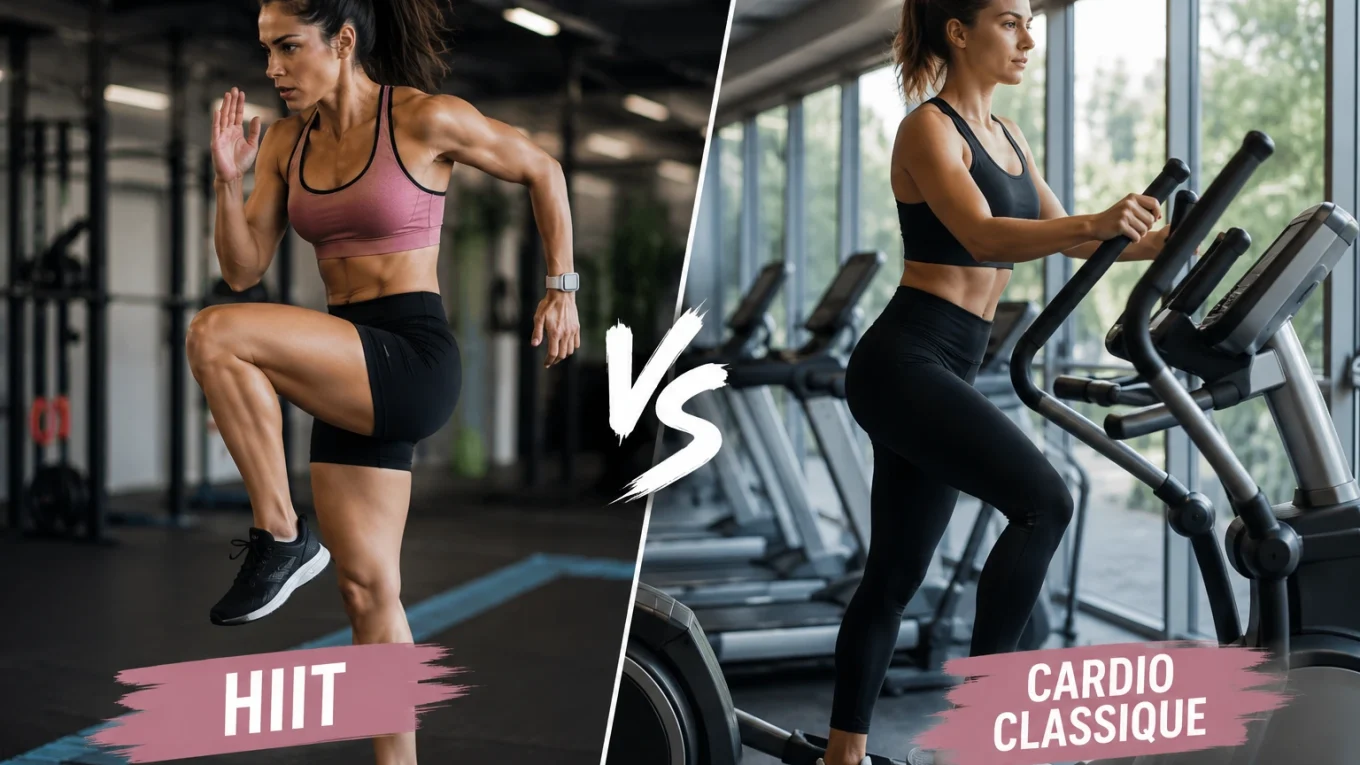 Femme sportive effectuant un entraînement HIIT sur un tapis de course dans une salle de sport moderne avec un espace cardio en arrière-plan.