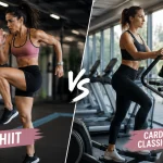 Femme sportive effectuant un entraînement HIIT sur un tapis de course dans une salle de sport moderne avec un espace cardio en arrière-plan.