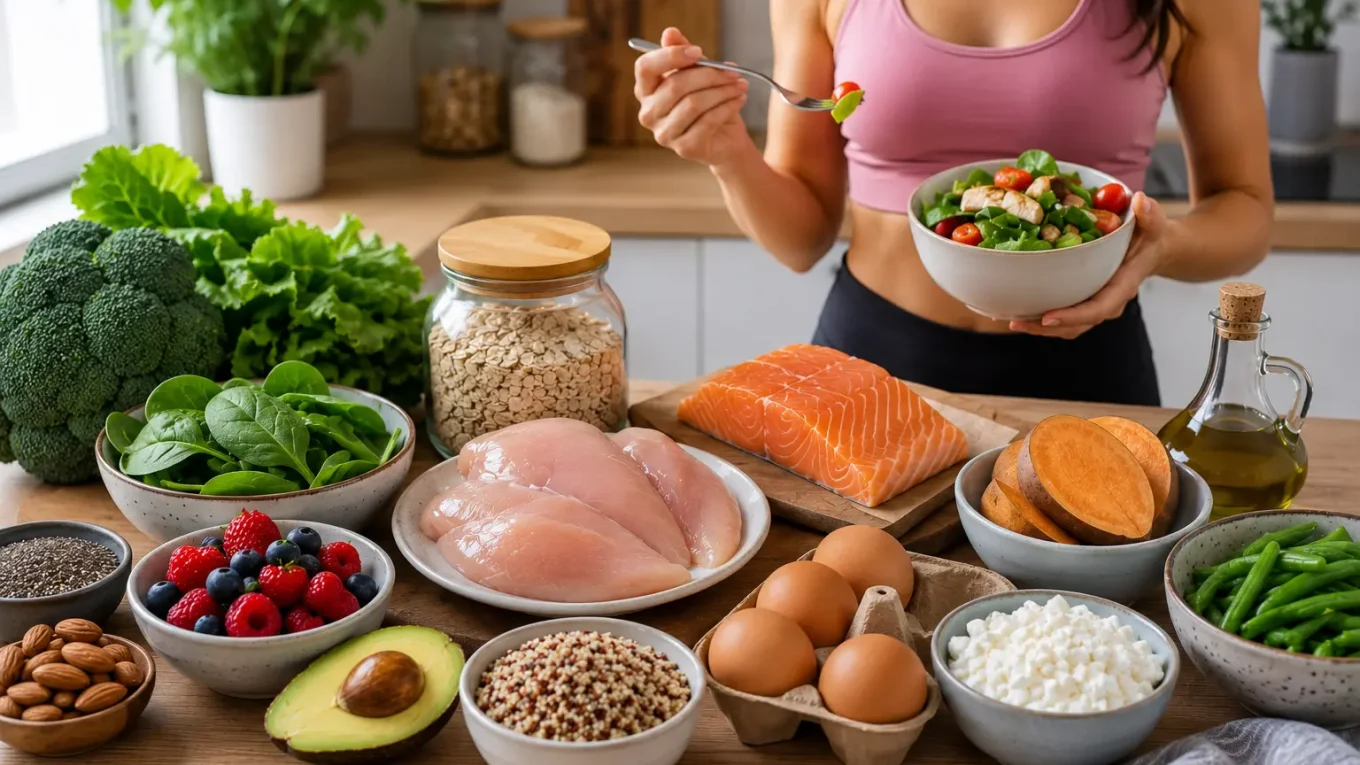 Femme préparant un repas sain composé de poulet, saumon, légumes frais, avocat et quinoa dans une cuisine moderne.