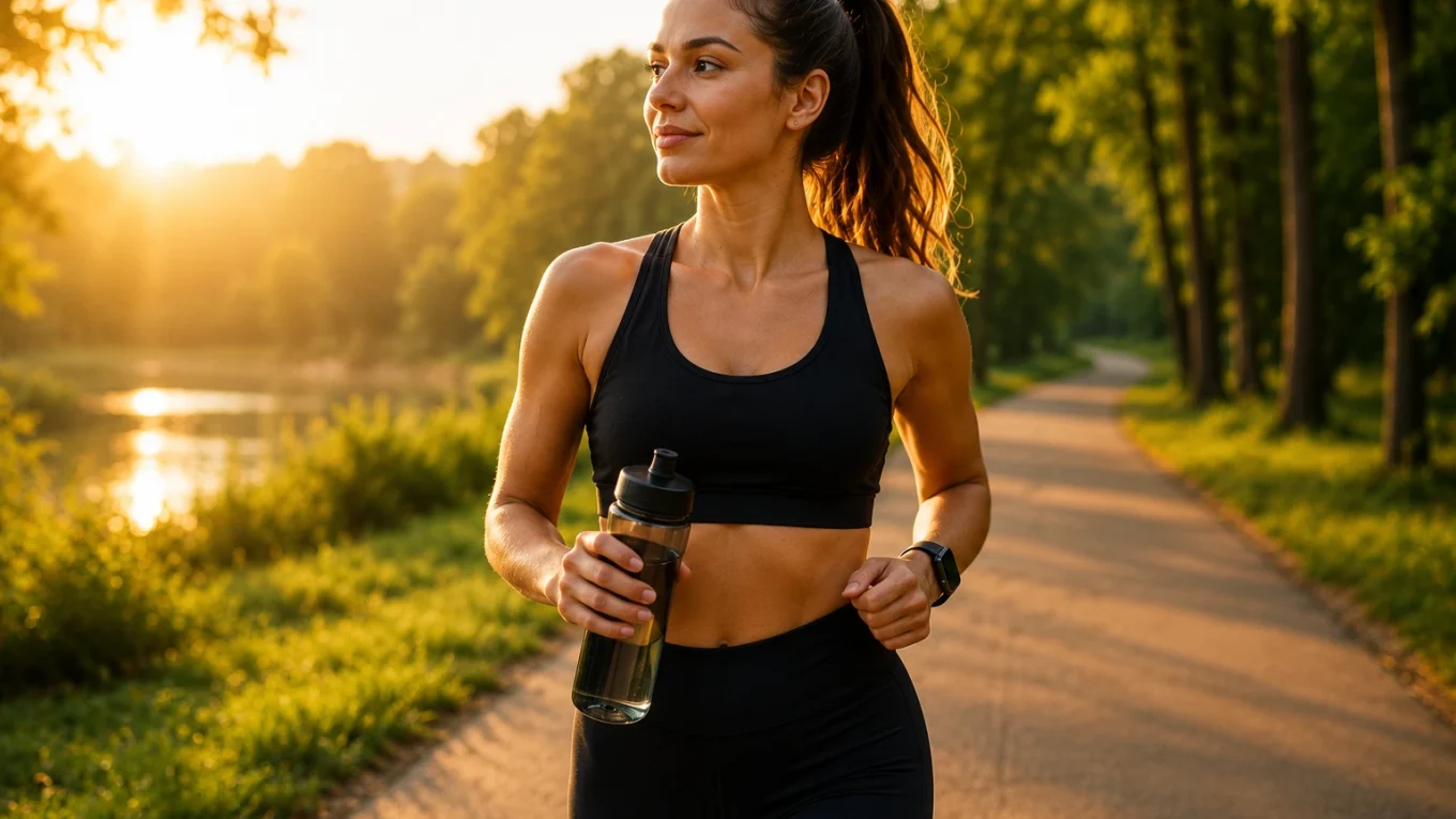 Femme sportive courant au lever du soleil dans un parc avec une bouteille d'eau pendant une séance de cardio à jeun.