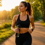 Femme sportive courant au lever du soleil dans un parc avec une bouteille d'eau pendant une séance de cardio à jeun.
