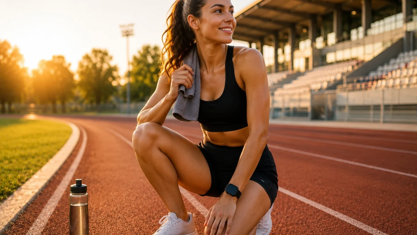 Femme sportive récupérant après une séance de cardio sur une piste d'athlétisme avec une bouteille d'eau, une serviette et une montre connectée pendant une sèche.