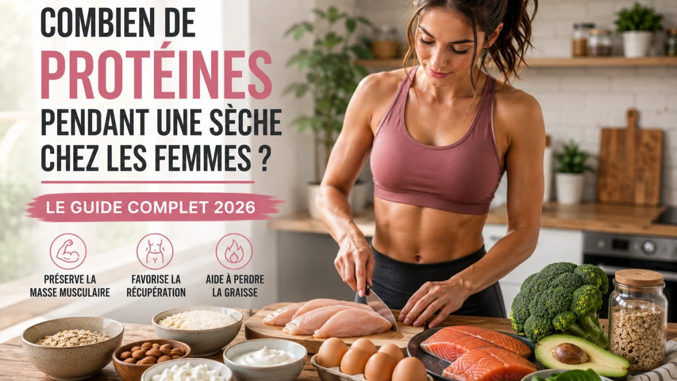 Femme sportive préparant un repas riche en protéines pendant une phase de sèche musculaire.