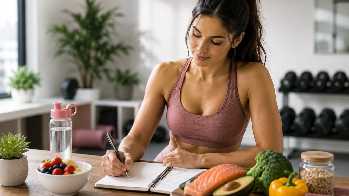 Femme sportive préparant un programme de sèche avec des aliments sains et un carnet de suivi dans une cuisine moderne.