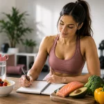 Femme sportive préparant un programme de sèche avec des aliments sains et un carnet de suivi dans une cuisine moderne.