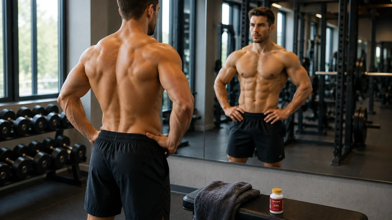 Sportif observant sa progression physique devant un miroir dans une salle de sport moderne avec un flacon D-Bal CrazyBulk posé sur un banc à proximité.