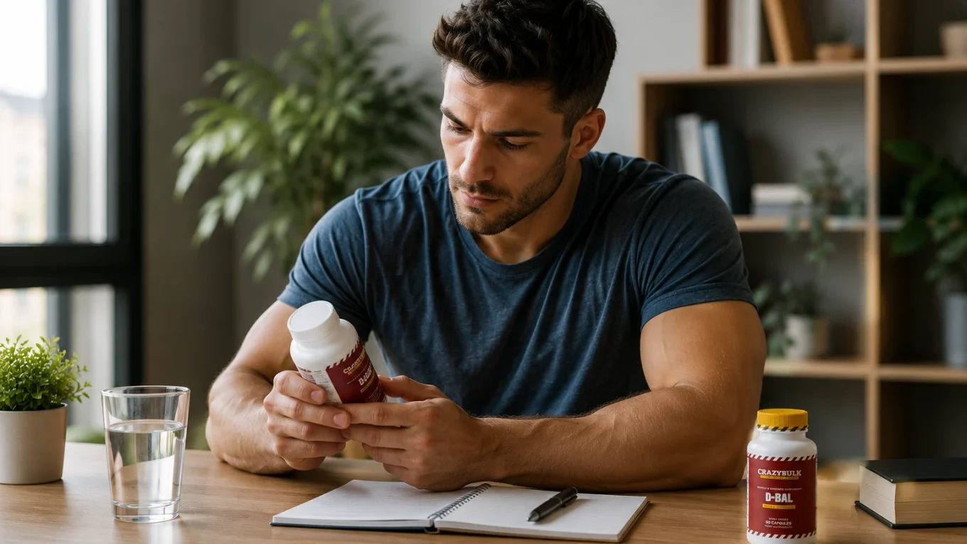 Sportif lisant attentivement l'étiquette d'un flacon D-Bal CrazyBulk dans un environnement calme afin de vérifier les ingrédients et les recommandations d'utilisation avant de commencer une supplémentation.