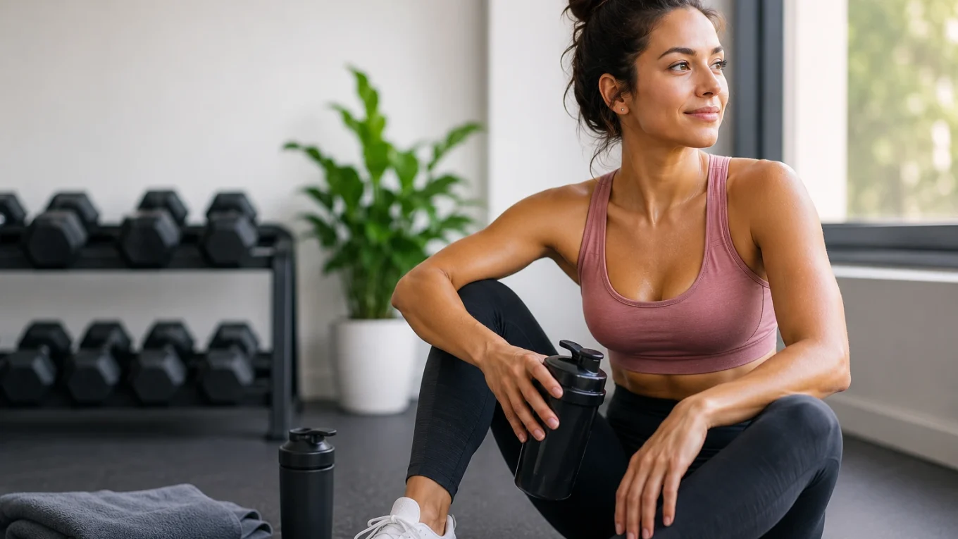 Femme sportive assise dans une salle de sport moderne pendant une semaine de décharge, tenant un shaker après un entraînement léger afin d'illustrer la récupération musculaire pendant une sèche.