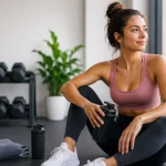 Femme sportive assise dans une salle de sport moderne pendant une semaine de décharge, tenant un shaker après un entraînement léger afin d'illustrer la récupération musculaire pendant une sèche.
