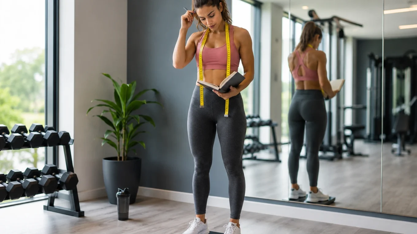 Femme sportive debout sur une balance numérique avec un carnet de suivi, un mètre ruban autour du cou et une expression réfléchie dans une salle de sport moderne.
