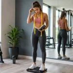 Femme sportive debout sur une balance numérique avec un carnet de suivi, un mètre ruban autour du cou et une expression réfléchie dans une salle de sport moderne.