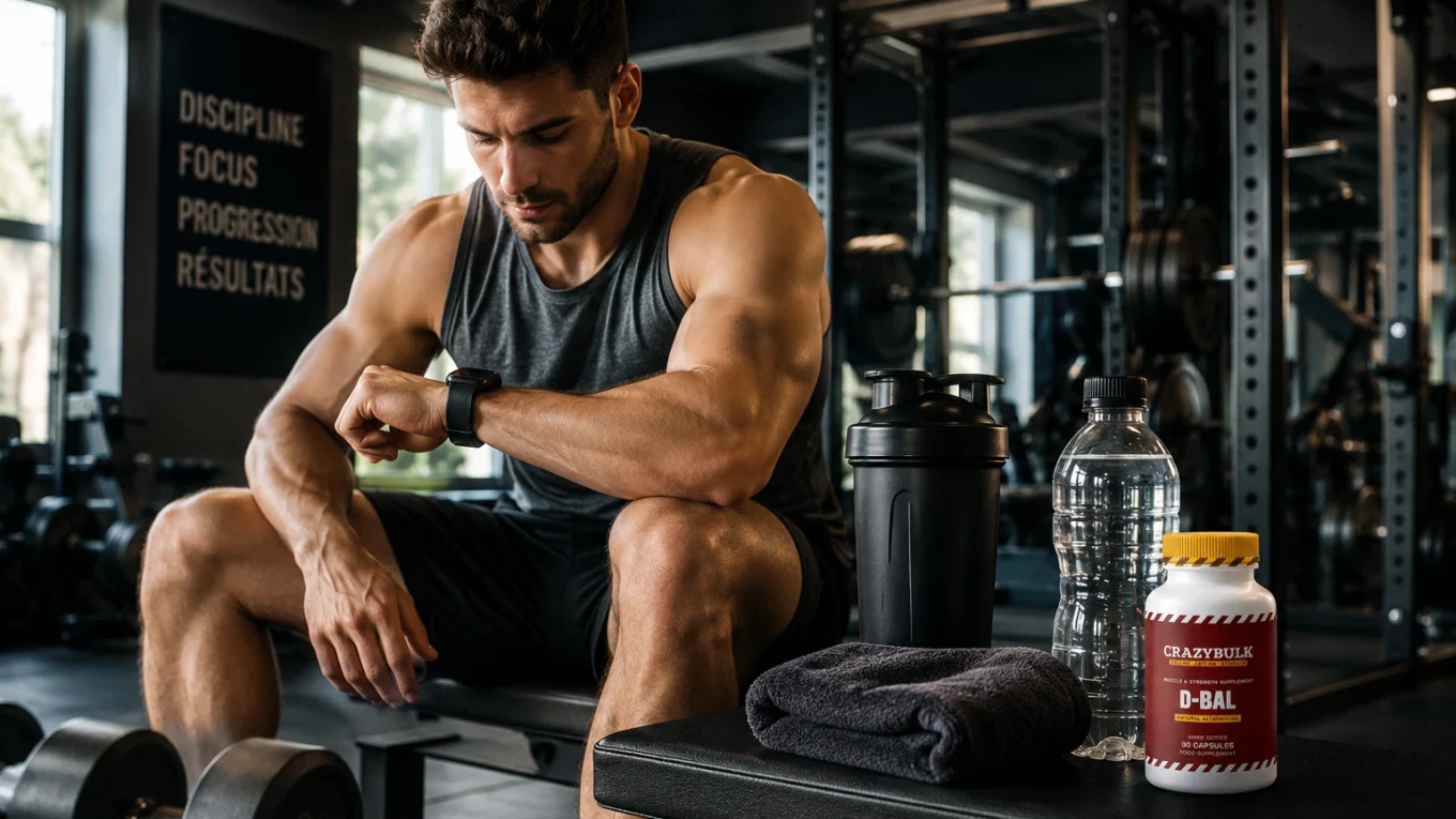 Athlète dans une salle de sport moderne regardant sa montre avant un entraînement avec un flacon de D-Bal CrazyBulk posé sur un banc à côté d'un shaker et d'une bouteille d'eau.