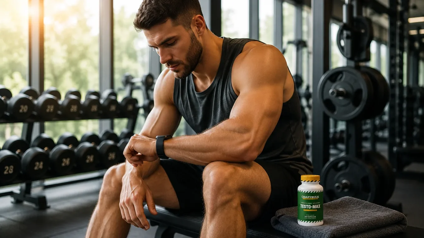 Sportif consultant sa montre avant son entraînement dans une salle de sport moderne avec un flacon Testo-Max CrazyBulk posé discrètement sur un banc.