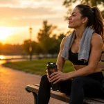 Femme sportive assise sur un banc après son entraînement, profitant d'un moment de récupération au coucher du soleil avec une bouteille d'eau et une serviette autour du cou.