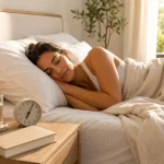 Femme sportive dormant paisiblement dans une chambre moderne avec un verre d'eau sur la table de nuit et une lumière naturelle du matin.