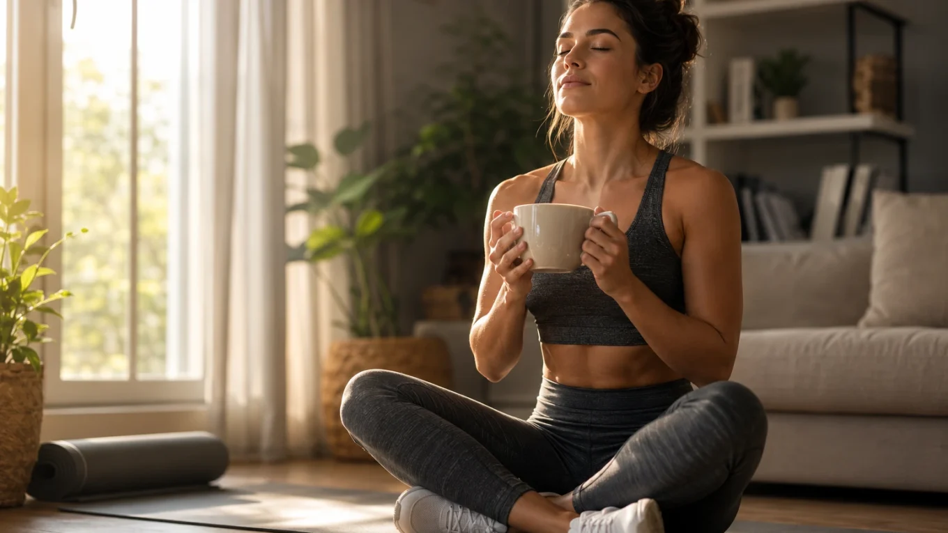 Femme sportive assise sur un tapis de yoga dans un salon lumineux, les yeux fermés, tenant une tasse de thé chaud pour favoriser la détente et réduire le stress pendant une sèche.