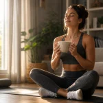 Femme sportive assise sur un tapis de yoga dans un salon lumineux, les yeux fermés, tenant une tasse de thé chaud pour favoriser la détente et réduire le stress pendant une sèche.