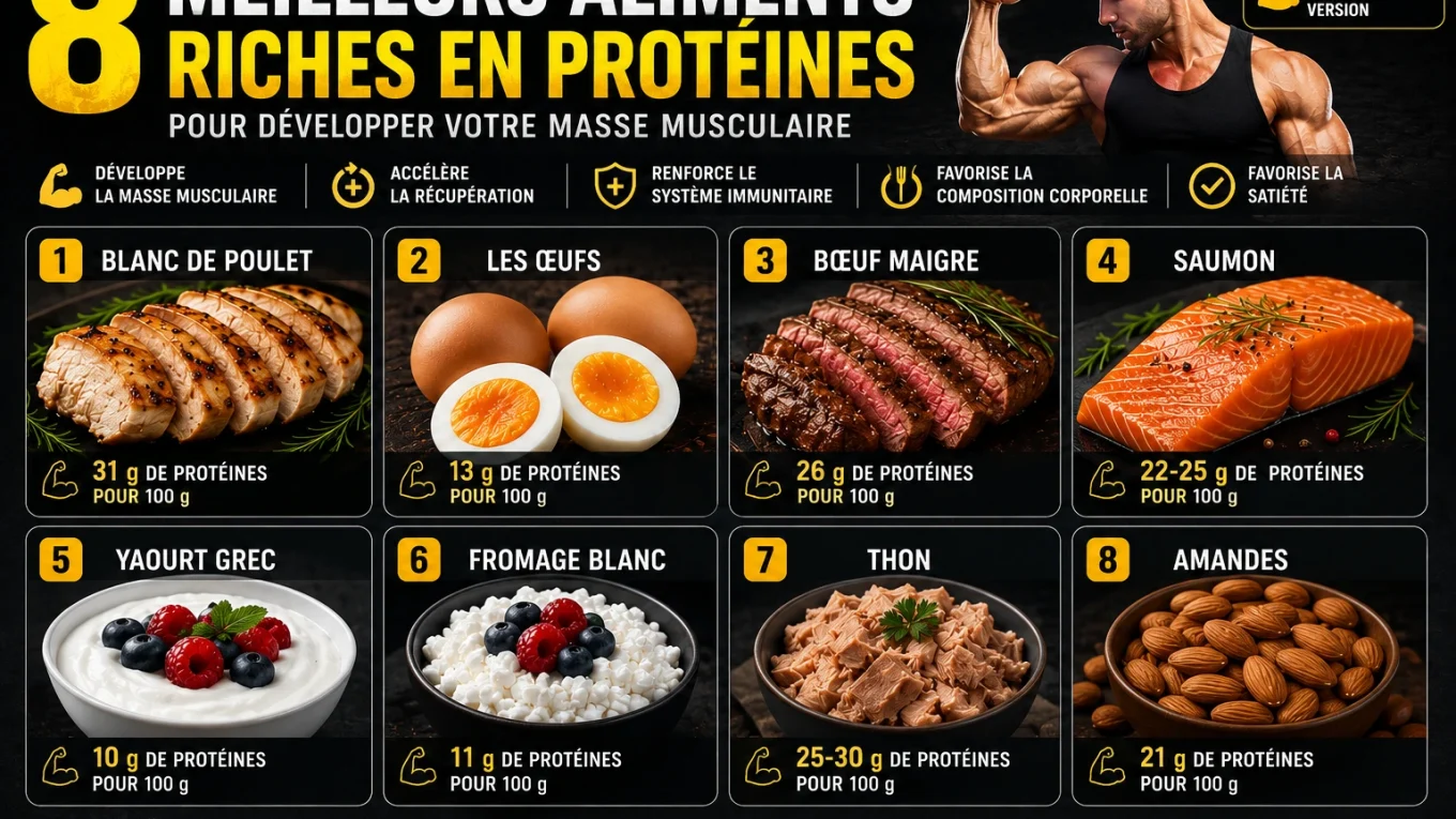 Les 8 meilleurs aliments riches en protéines pour développer la masse musculaire : poulet, œufs, bœuf maigre, saumon, yaourt grec, fromage blanc, thon et amandes.
