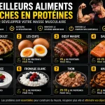 Les 8 meilleurs aliments riches en protéines pour développer la masse musculaire : poulet, œufs, bœuf maigre, saumon, yaourt grec, fromage blanc, thon et amandes.