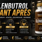 Illustration Clenbutrol avant après montrant l'évolution d'une sèche musculaire avec un design fitness premium.