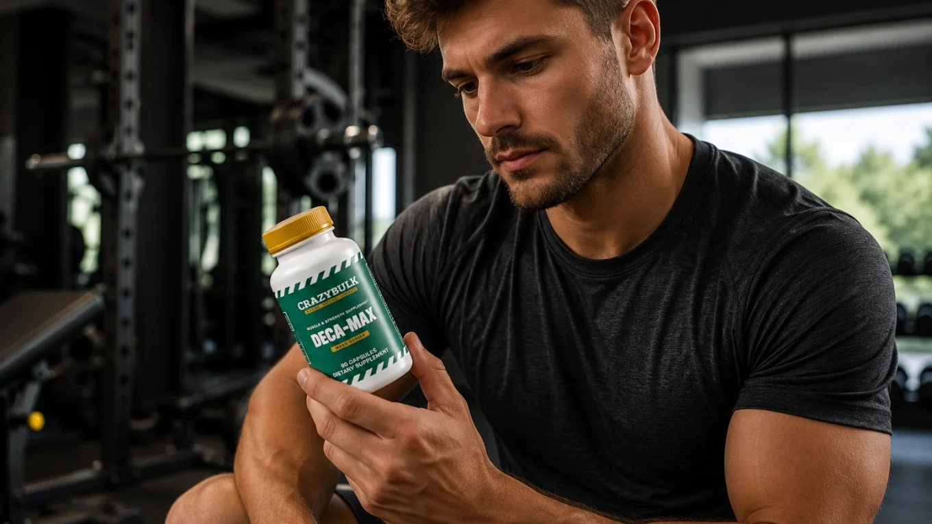 Homme pratiquant la musculation tenant un flacon de CrazyBulk Deca-Max dans une salle de sport moderne pour illustrer l'utilisation correcte de Deca-Max.