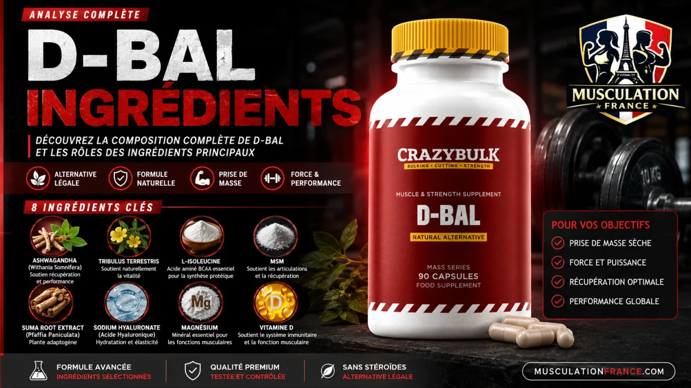 Illustration de D-Bal présentant les principaux ingrédients de la formule CrazyBulk, notamment l'Ashwagandha, le Tribulus Terrestris, la L-Isoleucine, le MSM, le magnésium et la vitamine D.