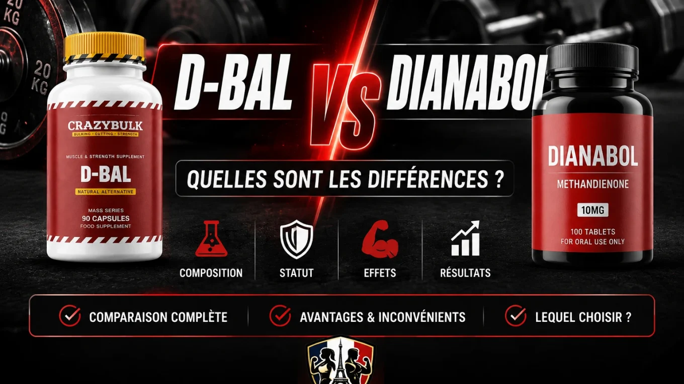 Comparatif entre D-Bal CrazyBulk et Dianabol illustrant leurs principales différences en matière de composition, de statut, d'utilisation et d'approche, avec le logo MusculationFrance.