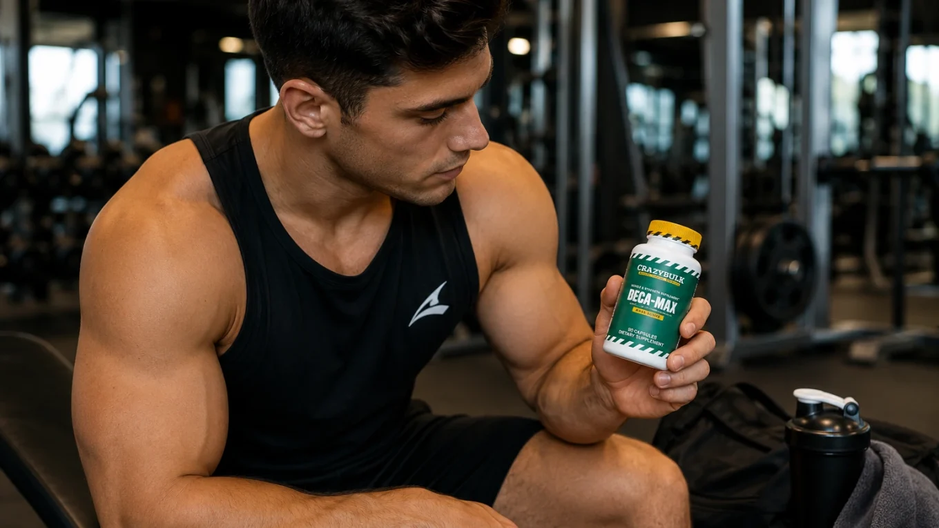 Sportif français observant un flacon de Deca-Max de CrazyBulk avant une séance de musculation pour illustrer les résultats avant après.