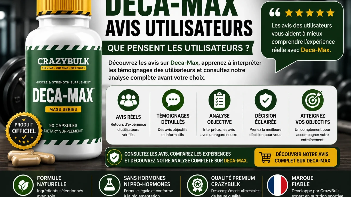 Illustration présentant Deca-Max de CrazyBulk avec une analyse des avis utilisateurs, des témoignages et des conseils pour interpréter les retours d'expérience de manière objective.