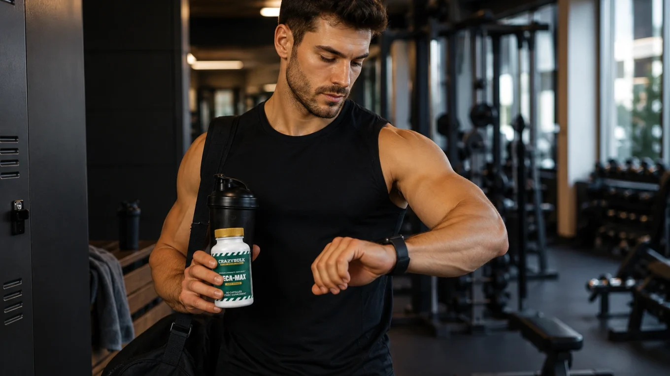 Sportif français tenant un flacon de CrazyBulk Deca-Max dans une salle de sport moderne avant son entraînement afin d'illustrer le meilleur moment pour prendre Deca-Max.