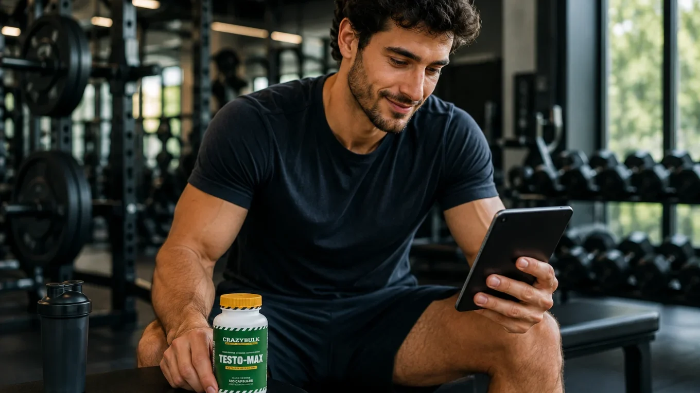 Homme français dans une salle de sport consultant sa progression sur une tablette avec un flacon de Testo-Max après plusieurs semaines d'entraînement.