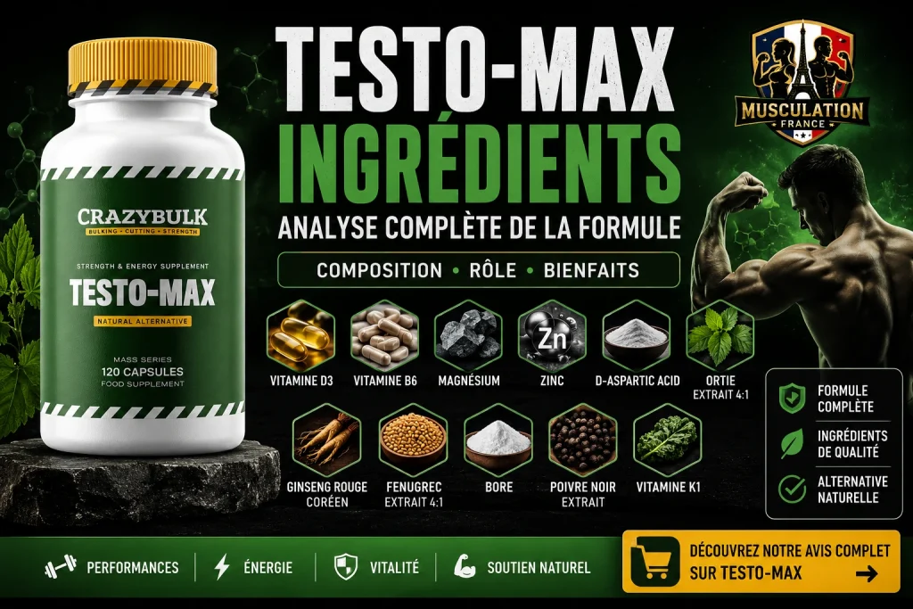 Illustration présentant Testo-Max de CrazyBulk avec les principaux ingrédients de la formule, notamment la vitamine D3, le zinc, le magnésium, l'acide D-aspartique, le ginseng rouge coréen et le fenugrec, accompagnée du logo MusculationFrance.