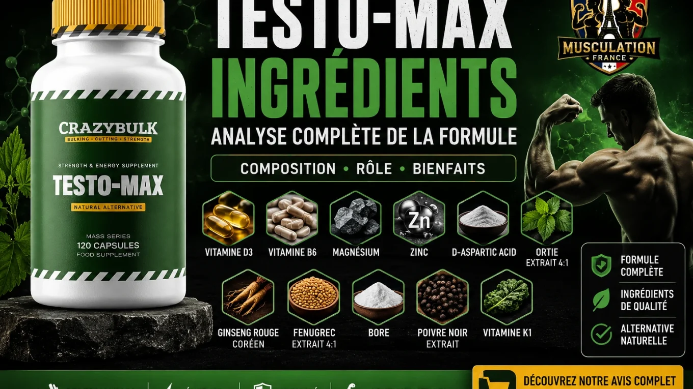 Illustration présentant Testo-Max de CrazyBulk avec les principaux ingrédients de la formule, notamment la vitamine D3, le zinc, le magnésium, l'acide D-aspartique, le ginseng rouge coréen et le fenugrec, accompagnée du logo MusculationFrance.