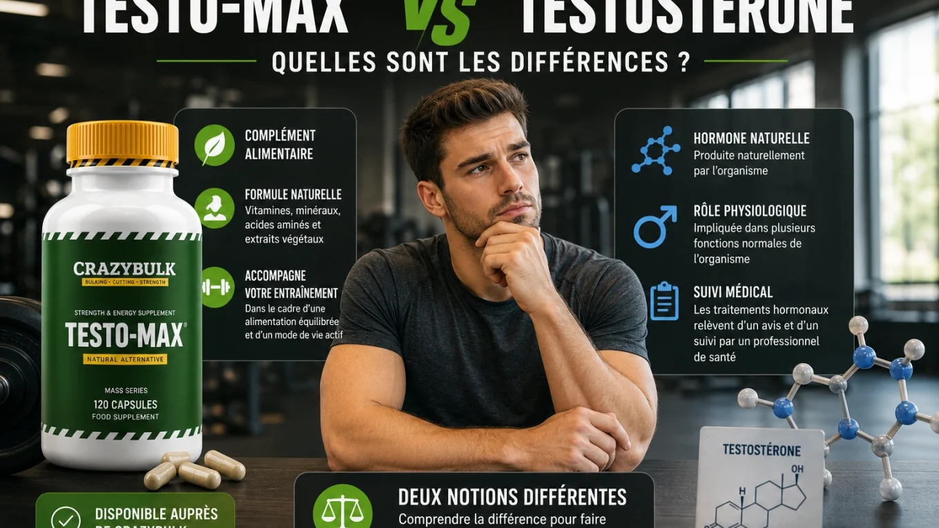 Illustration comparant Testo-Max de CrazyBulk et la testostérone, mettant en évidence leurs principales différences dans un environnement de salle de sport avec une présentation éducative.
