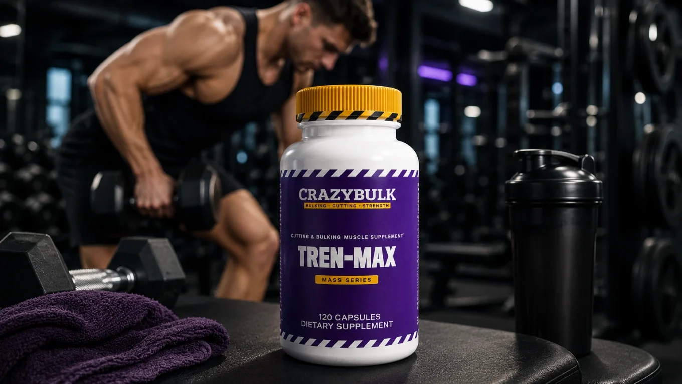Flacon de Tren-Max CrazyBulk posé sur un banc de musculation dans une salle de sport moderne avec un sportif s'entraînant en arrière-plan illustrant une progression en prise de masse.