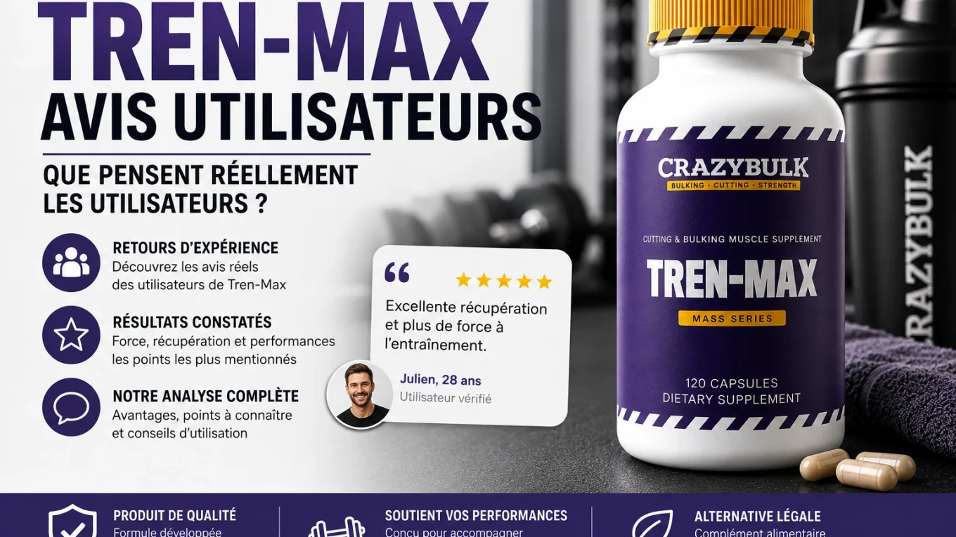Illustration présentant les avis des utilisateurs de Tren-Max, leurs retours d'expérience et notre analyse complète du complément alimentaire CrazyBulk.