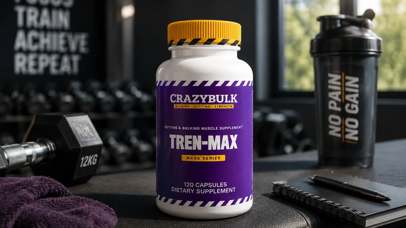Tren-Max de CrazyBulk posé sur un banc de musculation dans une salle de sport moderne illustrant l'efficacité potentielle du complément dans un programme de prise de masse.