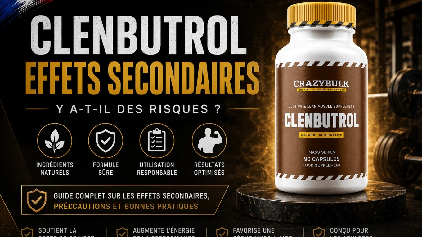Illustration premium représentant Clenbutrol avec un guide sur les effets secondaires et les précautions d'utilisation.